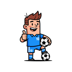 Fototapeta premium A cartoon boy in a blue uniform happily holds a soccer ball and gives a thumbs-up.