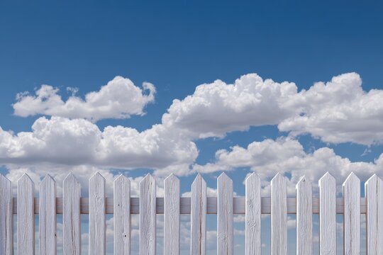 White picket fence against a bright blue sky filled with fluffy, white cumulus clouds (1)
