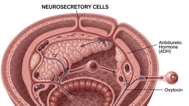 Cross‑section illustration of neurosecretory cells in the posterior pituitary showing axons from hypothalamus storing and releasing antidiuretic hormone ADH and oxytocin into capillaries, ideal for ne