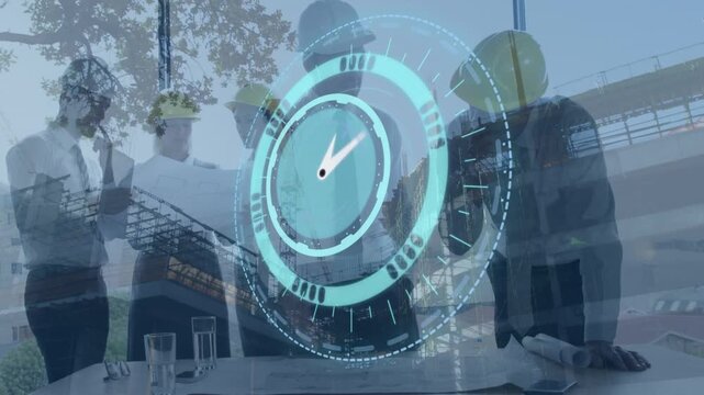 Animation of clock moving over diverse engineers with plan and construction site