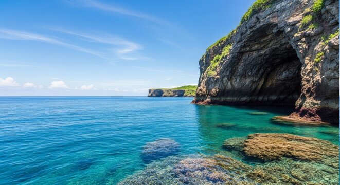 Split-Level View of Tropical Sea Cave and Vibrant Coral Reef