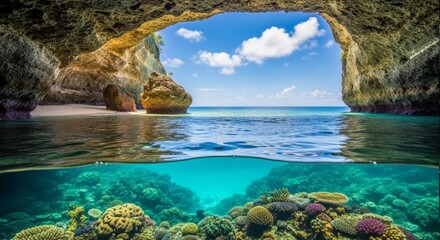 Split-Level View of Tropical Sea Cave and Vibrant Coral Reef