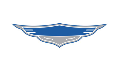 Obraz premium A stylized blue and silver emblem with a wing-like shape, featuring a central blue banner and grey accents, resembling a modern badge or insignia.