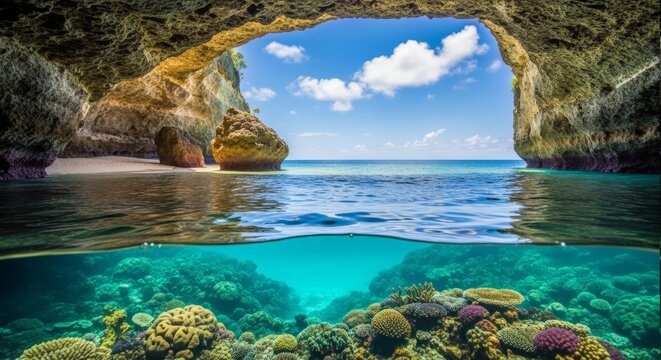 Split-Level View of Tropical Sea Cave and Vibrant Coral Reef