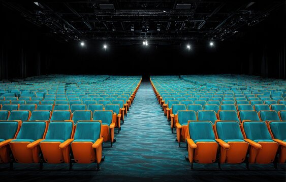 Auditorium with rows of teal and orange seats, stage lights, and a dark background