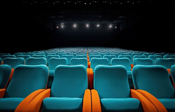 Empty cinema auditorium with blue and orange seats under bright lights facing a dark screen
