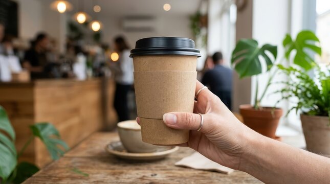 Hand holding a brown paper coffee cup with a black lid