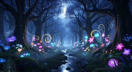 Enchanted Fantasy Forest with Glowing Flowers and Twinkling Lights