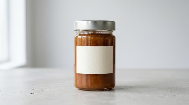 Glass jar with blank label filled with food on a table