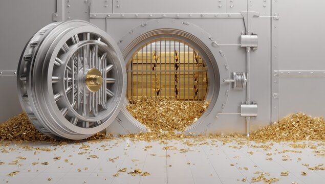 Bank vault interior, half-open, filled with gold bars, spilling out onto floor, shining