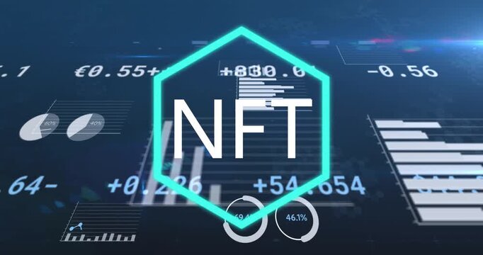 Animation of data processing and nft text over blue background