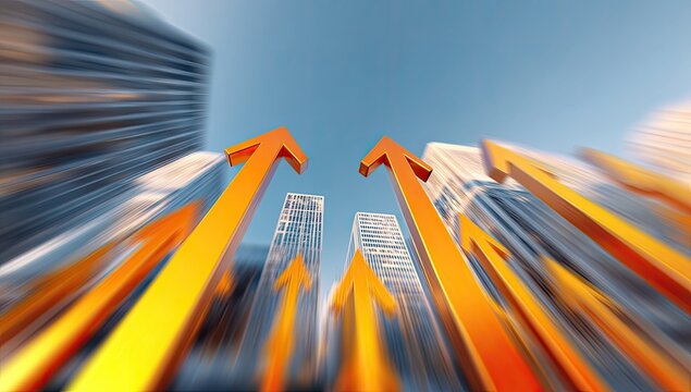 Orange arrows rising from a city, symbolizing growth, progress, and ambition. Perspective shot