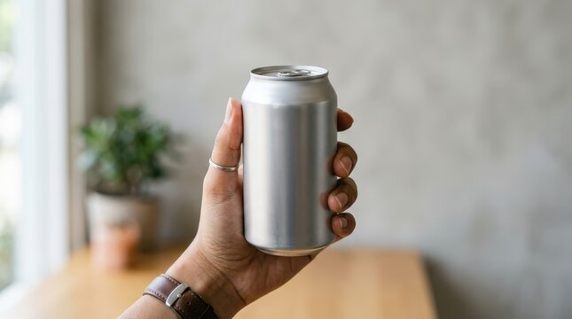 Hand holding a blank aluminum drink can mockup