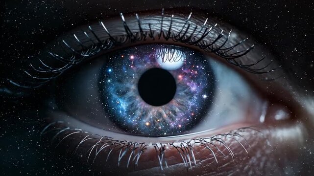 Close-up view of a human eye with a galaxy pattern in the iris captured in a high-quality video