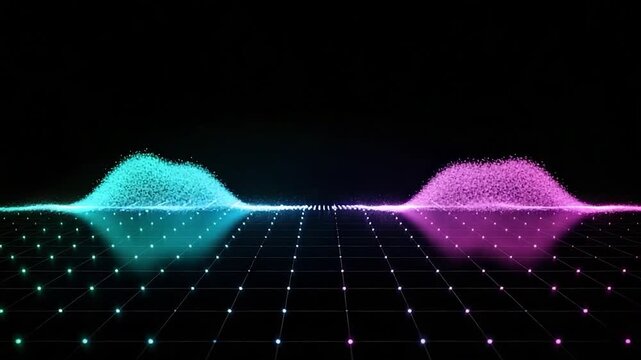 Abstract digital audio visualization with colorful glowing waves and a grid against a black background