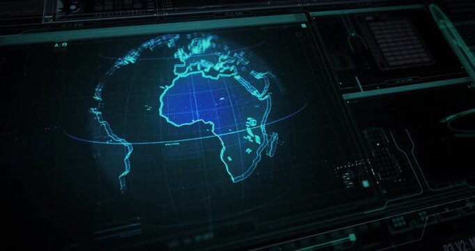 Abstract technology background featuring a blue circuit board and digital network map connecting a global business communication concept across the planet earth