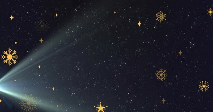 Animation of golden snowflakes over black background with dots and light