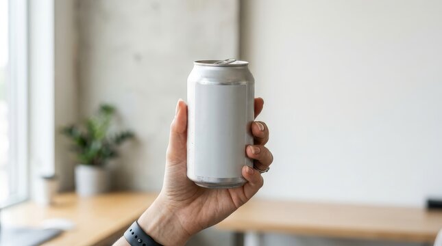 Hand holding a blank soda can for product mockup
