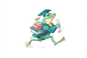Fototapeta premium A cartoon frog in a graduation gown runs with books and a diploma.