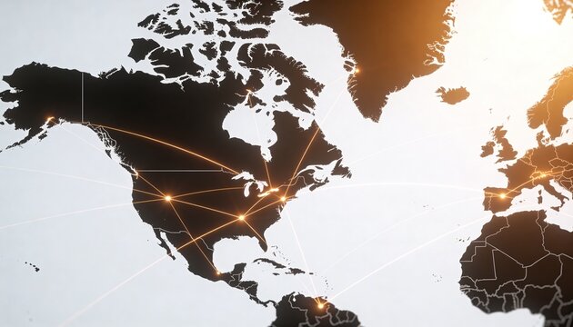 Displaying North America map showing glowing nodes and curved route arcs on infographic, coastlines