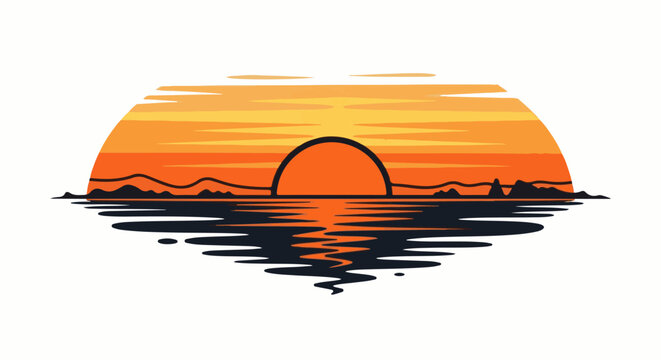 Stylized sunset over water with reflected colors and silhouetted landforms