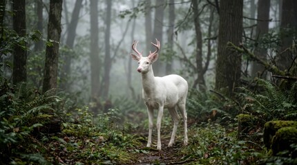 Naklejka premium Majestic White Deer Standing in Foggy Forest Environment