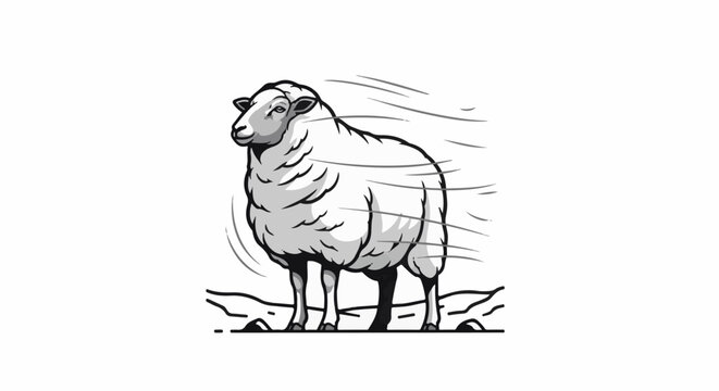A grayscale illustration of a sheep in a windy environment