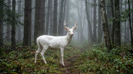 Obraz premium Majestic White Deer Standing in a Misty Forest Landscape