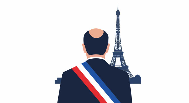A man with a sash stands before the Eiffel Tower