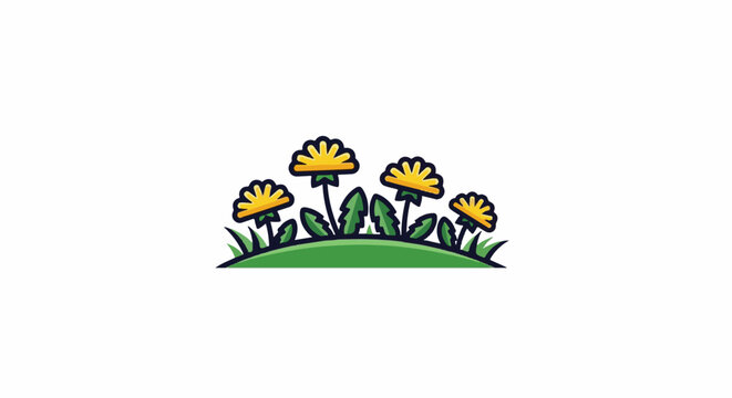 A simple graphic of four yellow dandelions with green leaves and stems