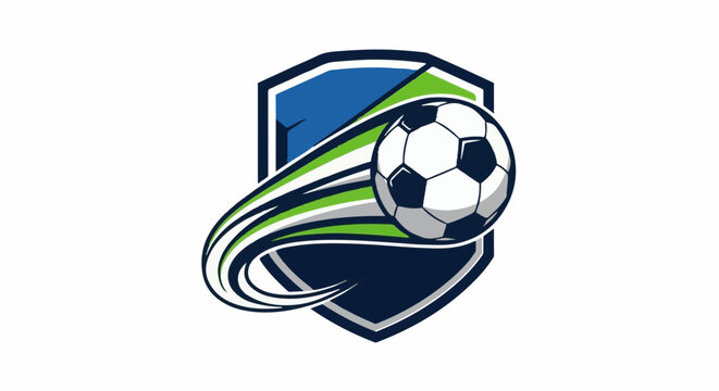 A stylized soccer ball streaks across a shield with blue, green, and navy accents