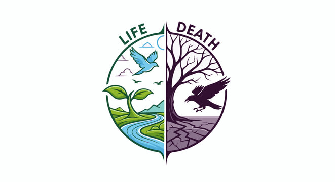 A circular emblem shows the dichotomy of life and death with contrasting imagery