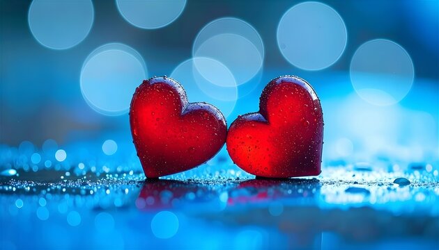 Zwei rote Herzen vor einem blauen Bokeh-Hintergrund erzeugen eine romantische Atmosph&auml;re.