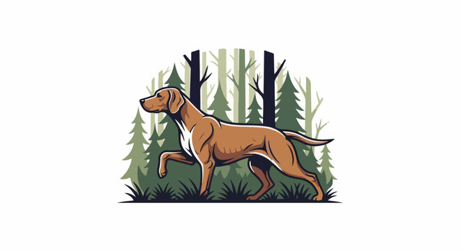 A stylized brown dog walks through a forest of green trees