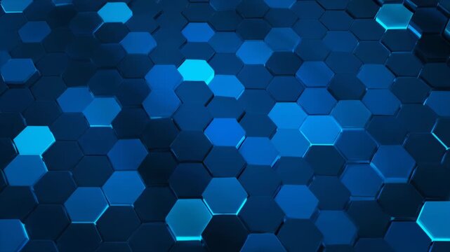 Mesmerizing video features a pattern of glowing blue hexagonal shapes creating a dynamic digital mosaic effect