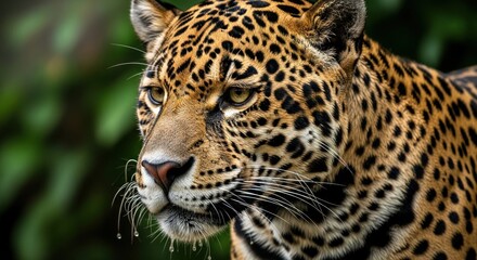 Obraz premium A majestic jaguar stares intently into the camera with its golden eyes. The spotted feline is partially hidden in dense foliage, with droplets of water clinging to its fur.
