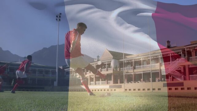 Animation of flag of france over diverse rugby players at stadium