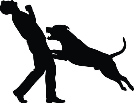 Black silhouette of an aggressive dog jumping to attack a terrified man isolated on white background vector illustration for animal safety and danger concepts