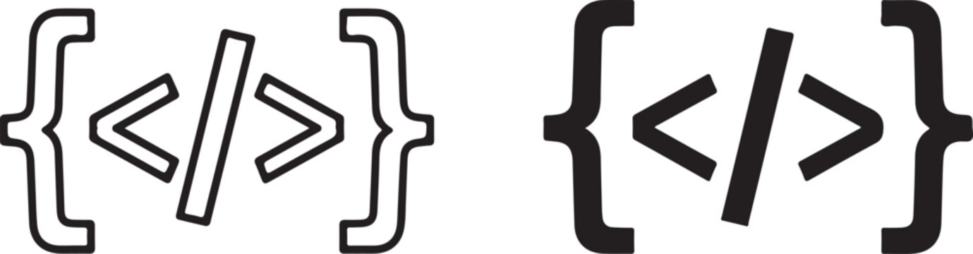 Two variations of code bracket symbols with a slash in the center displayed as black line and solid black silhouettes on white