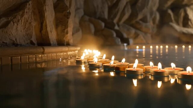 A quiet spa pool in semi-darkness, scented pill candles slowly float on the surface of the water, their fire is reflected in the water and on the stone walls, light steam