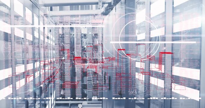 Animation of data processing over modern building and cityscape