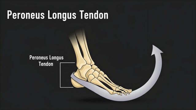 Dynamic foot anatomy diagram highlighting the peroneus longus tendon wrapping under the sole to support the arch and assist plantarflexion, perfect for explaining ankle stability, gait mechanics, spor
