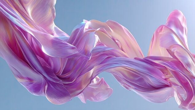 Swirling fabric, iridescent, light pink and purple hues against a soft blue gradient background