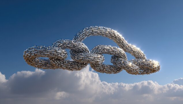 A rendered silver chain shaped as a cloud floating against a partly cloudy, blue sky backdrop