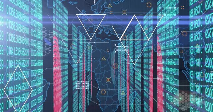 Animation of world map over screens with binary coding and biometric fingerprint scanner
