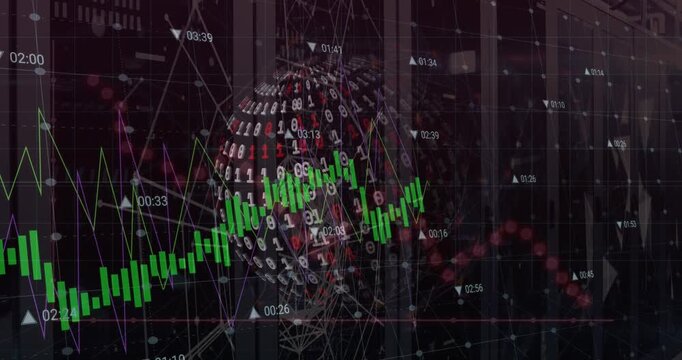 Animation of graph, binary codes forming rotating globe, numbers over connected dots by lines