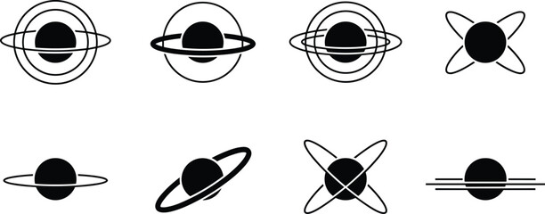 Set of eight planet and atom silhouettes with orbiting rings in black vector style isolated on white background for space science logo design © Mahsina