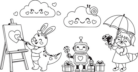 Fototapeta premium Black and white of cute cartoon animals and robot with hearts line heart rabbit dinosaur