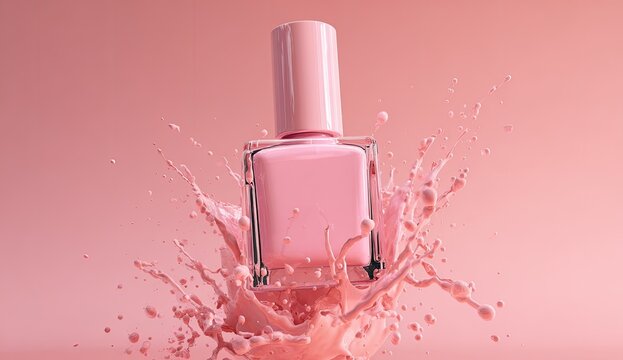 A pink nail polish bottle explodes with a liquid splash on a matching pink background