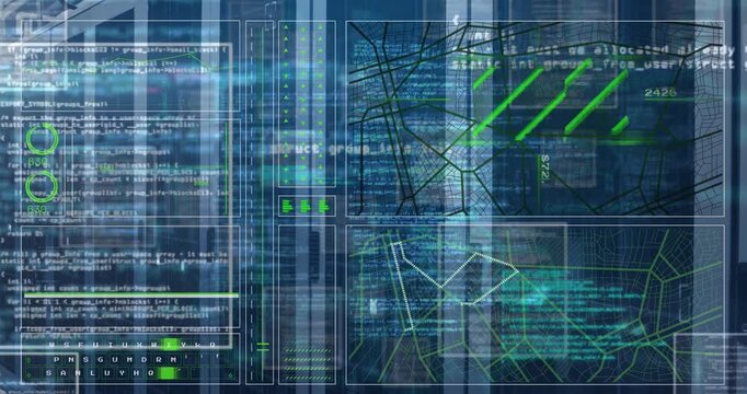 Animation of programming language and abstract pattern over server room